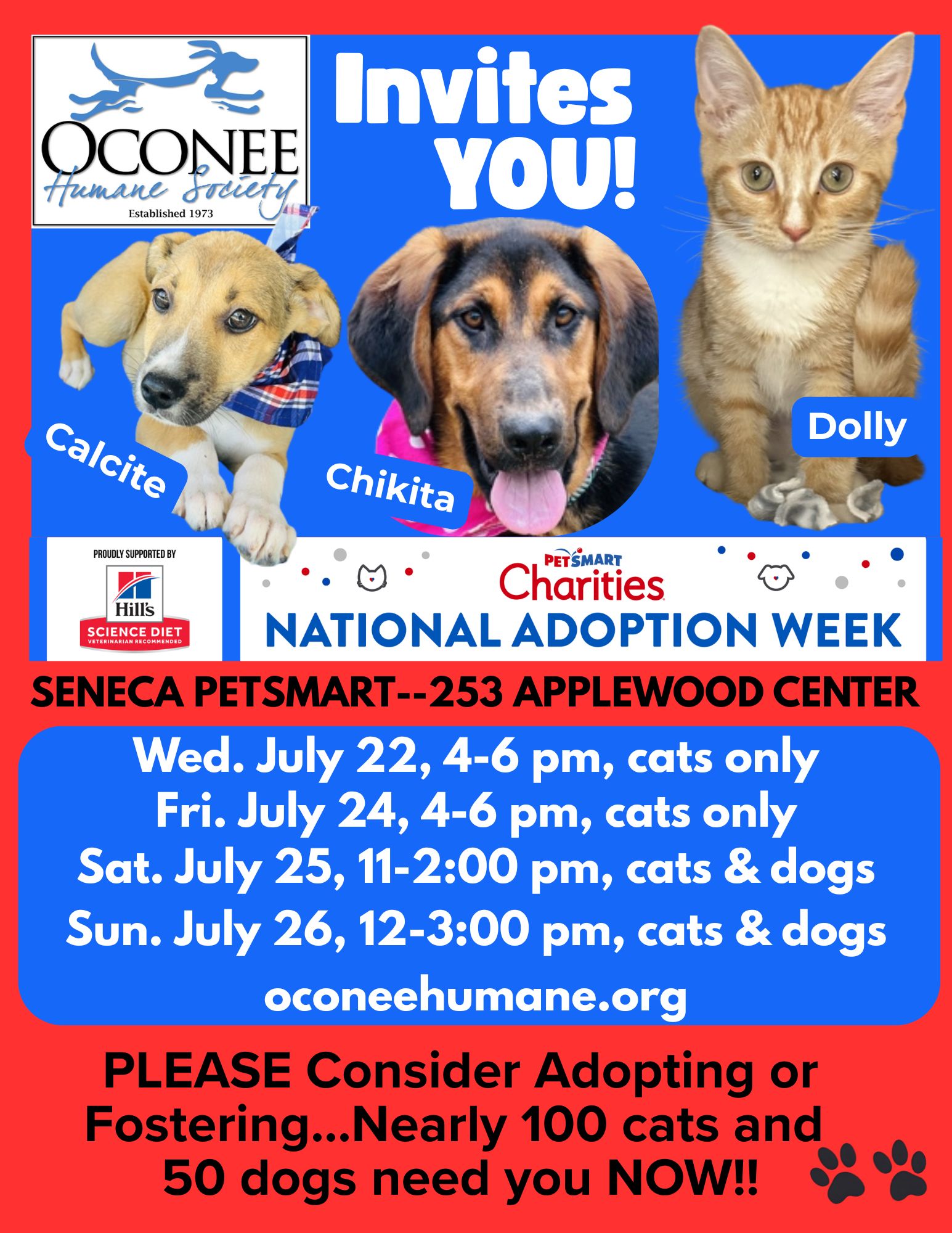 OCONEE HUMANE SOCIETY INVITES COMMUNITY TO ADOPT PETS IN NEED DURING PETSMART CH...